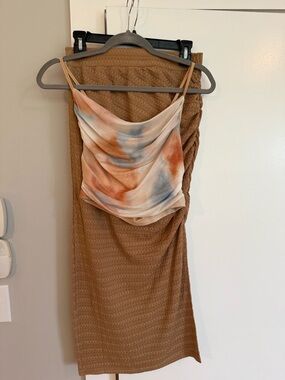 Tie-Dye Cowl Neck Spaghetti Strap Top - Orange, Blue, Cream